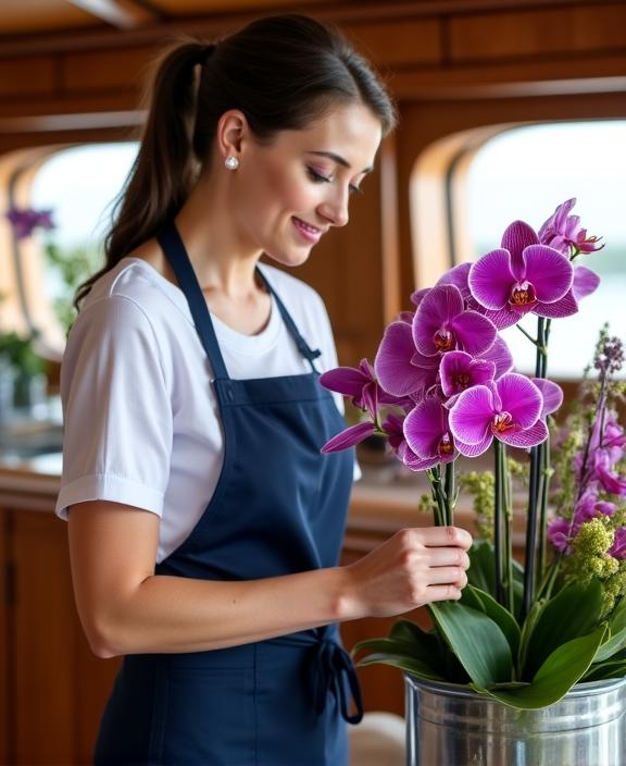 Master florist arranging rare orchids on a yacht