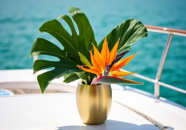 Modern floral display on a sun deck for a luxury charter