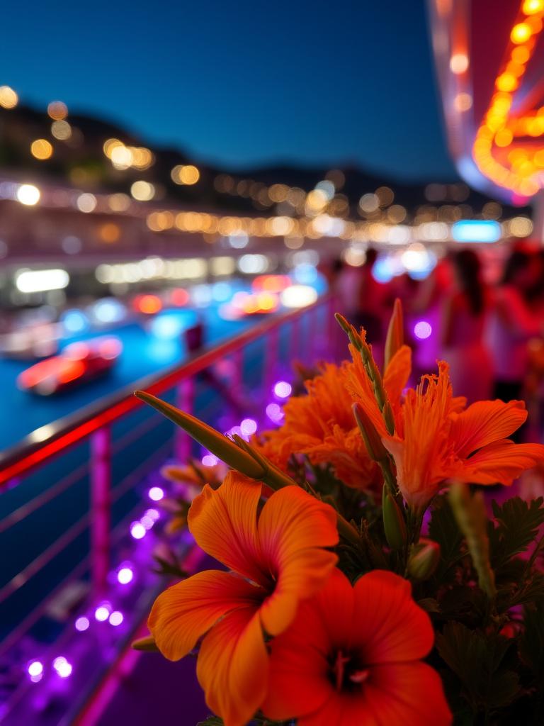 Grand Prix trackside mega-yacht party with exotic tropical flowers and neon accents
