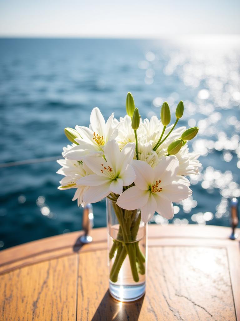 Intimate ocean wedding ceremony on a yacht deck with white lilies and orchids