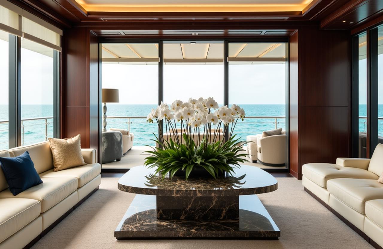 Luxury superyacht interior with bespoke floral arrangements