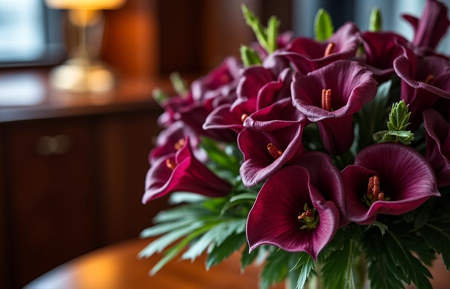Luxury yacht salon with bespoke orchid arrangement matching mahogany woodwork